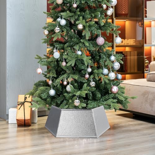 Blissun Fabric Christmas Tree Collar, Hexagonal Christmas Tree Ring, Glittering Willow Tree Skirt for Christmas Decorations (Glitter Silver) - Image 4