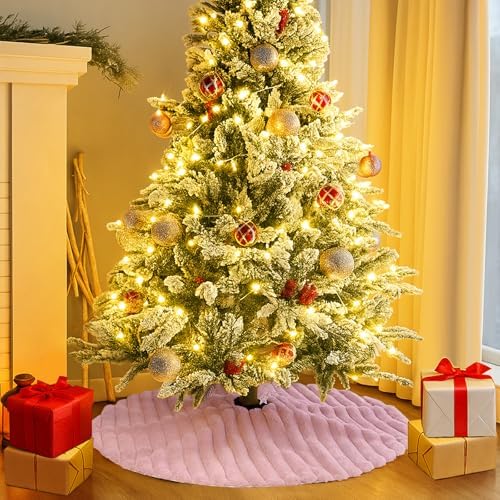 Christmas Tree Skirt Pink Plush 30 inch Faux Fur Xmas Tree Skirt Soft Plush Stripe Textured Pattern for Holiday Party Christmas Tree Decorations - Image 2