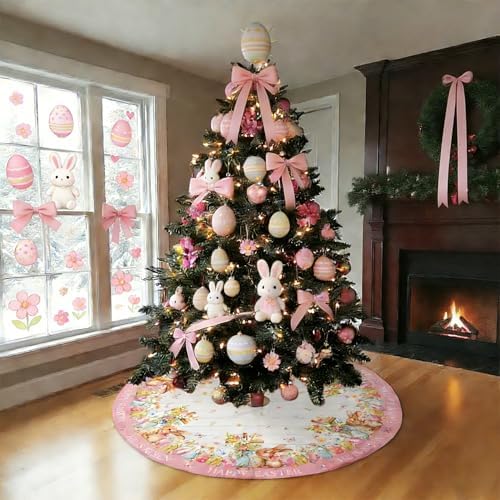 48 Inch Easter Tree Skirt Mat Short Plush Pink Bunny and Eggs Tree Skirts for Indoor Outdoor Easter Tree Decoration(Pink Bunny and Eggs) - Image 4