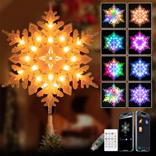 10” Smart Christmas Snowflake Tree Topper with 20 RGB Lights, DIY Colors Changing, Music Sync, Timer, for Xmas Tree Indoor Party Home Office Decoration by LPHIANX