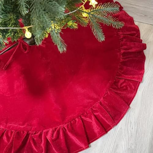 60 Inch Large Christmas Tree Skirt, Red Velvet with Ruffled Edge for Big Trees Decorations for Home Party Festival by Amidaky
