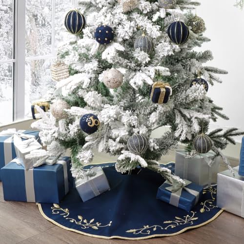 Bunny Chorus Christmas Tree Skirt, 36 inches Large Velvet Fur Plush Blue Tree Skirt, Xmas Tree Skirts with Gold Embroidered Holly Leaf for Merry Christmas Party Christmas Tree Decorations - Image 5
