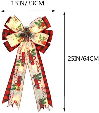 Christmas Tree Topper Bow with 30 LED Lights Decorations, 13?€?x25?€? Xmas Large Red Black Buffalo Plaid Rustic Farmhouse Wreath Bows with Truck Berries Pine Cones Pine Needles for Front Door Outdoor - Image 3