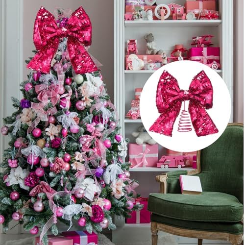 Demissle 10 x 12 Inch Sequin Hot Pink Bow Tree Topper Hot Pink Bow Glitter Christmas Tree Topper Christmas Holiday Decoration for Coquette Themed Xmas Home Decor - Image 5