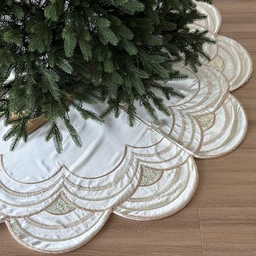60-Inch Beaded Scalloped Christmas Tree Skirt in Foam-Lined Satin, Button-Loop Closures, Pearl White by StarryDynamo