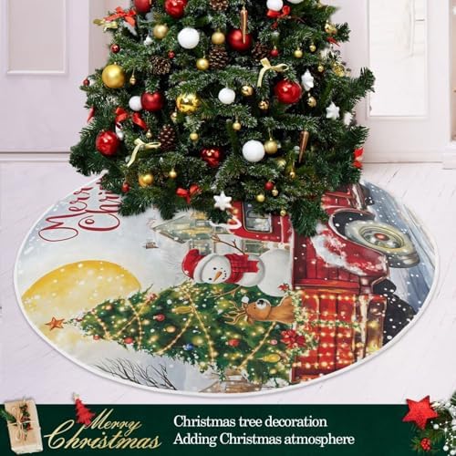 Red Truck Snowman Christmas Tree Skirt Small Xmas Tree Skirts Decorations 36 in Burlap Tree Mat Cover for 4 ft Trees Holiday Party - Image 2