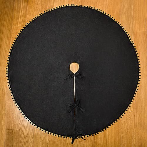 Christmas Tree Skirt, Black Christmas Tree Skirt 48 inches Soft Double Layer Burlap Tree Skirt with Pom Pom for Rustic Christmas Halloween Decorations - Image 3