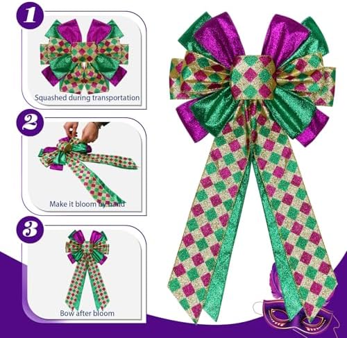 2 Pcs Mardi Gras Bows for Wreaths Decorations,12?€?x20?€? Large Glitter Tree Topper Bow Decor for Holiday Party Wall Home Front Door Float Golf Cart Gold Green Purple - Image 3