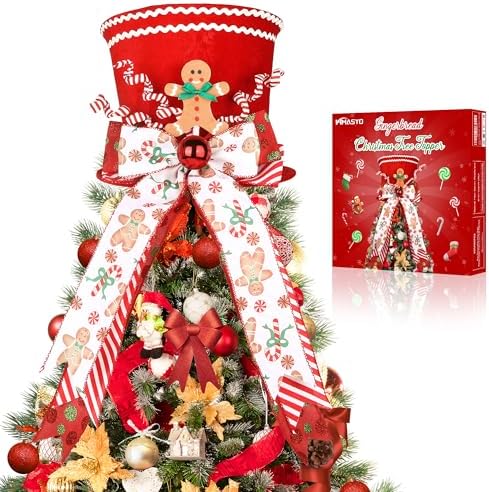 HMASYO Gingerbread Christmas Tree Topper, Velvet Red Tree Topper Hat with Candy Cane Gingerbread Ornament Bows, Top Hat Xmas Tree Topper for Home Office Holiday Tree Decoration Xmas Festive Gift by HMASYO