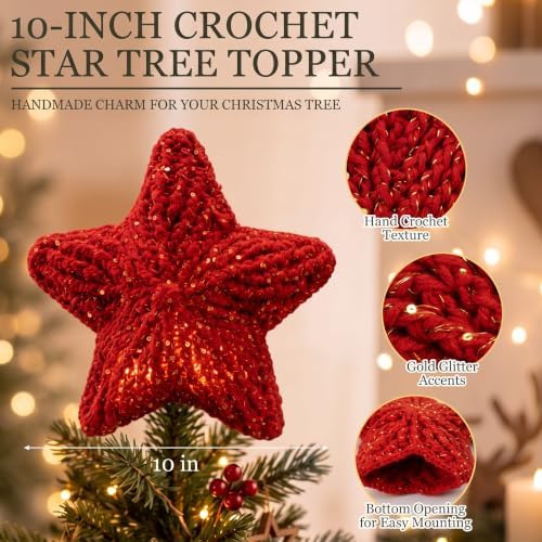 Syhood 10 Inch Crochet Star Christmas Tree Topper Red Christmas Ornament Glitter Star Farmhouse Holiday Xmas Decor for Xmas Trees Ornament Party Decoration - Image 4