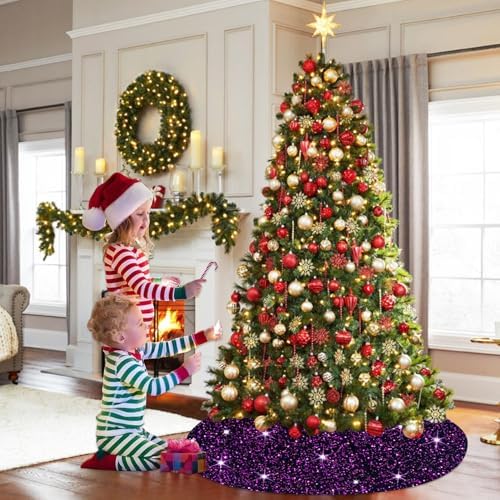 Purple Christmas Tree Skirt Large Sequin Trees Skirt 48 Inch Velvet Tree Skirts Halloween Tree Skirt Collar Merry Christmas Trees Skirt for All Seasons Purple Christmas Decor - Image 5