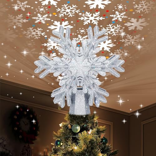 AOMIL Christmas Tree Topper, 3D Rotating Silver Snowflake Pattern Projector for Xmas Tree Topper, Hollow Design Christmas Decorations, Christmas Decor by AOMIL