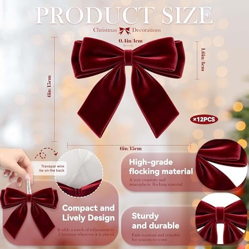 12Pcs Velvet Bows for Christmas Tree, Dark Red Bows Christmas Decorations with Twist Tie, Bulk Burgundy Velvet Ornaments for Wreath Garland Gift Wrapping Wedding Champagne Parties Decor, 6*6in - Image 3