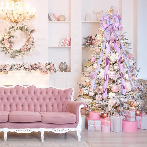 Christmas Tree Topper Wreath Bow Large Pink Christmas Bow Tree Topper 52"x13" Pink Hamburger Pattern Velvet Ribbon Gift Bows for Xmas Holiday Home Wedding Thanksgiving Indoor/Outdoor Decoration - Image 6