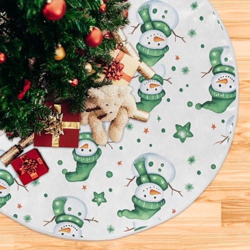 Green Snowman Christmas Tree Skirt Large Xmas Tree Skirts Decorations 48 in Burlap Tree Mat Cover for 4 ft Trees Holiday Party - Image 5