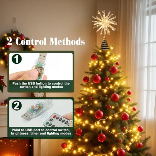Lewondr Crystal Christmas Starburst Tree Topper with Lights, Gold - Image 5