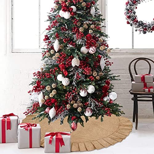 Christmas Tree Skirt Linen Burlap Tree Skirt with Ruffled Border Rustic Christmas Burlap Tree Skrit for Christmas Tree Holiday Decorations, 35 Inches - Image 6