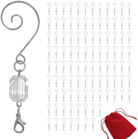 Christmas Ornament Hooks Clear Acrylic Gem Bead Ornament Hangers with Silver Wire and Lobster Claw Clips, Pack of 100 Decorative Ornament Hook Assortment for Christmas Tree Ornaments, 3 Inch by BANBERRYDESIGNS