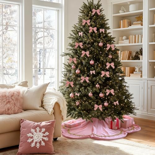 Arrowbash Christmas Tree Skirt 48 Inch Pink Velvet Fur Scallop Tree Skirt Sparking Gold Lace Trim for Party Rustic Xmas Holiday Decorations All Year - Image 3