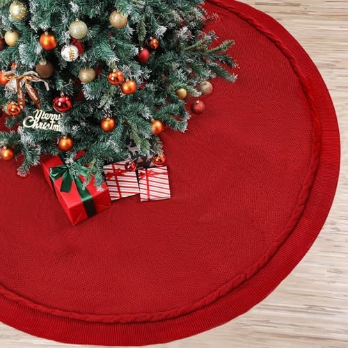 84 Inch Christmas Knitted Tree Skirt Giant Claret Red Chunky Xmas Tree Skirt Extra Large Cable Knit Thick Rustic Farmhouse Xmas Ornaments for Home Merry Christmas Holiday Winter Party Decoration by Bornerwhite