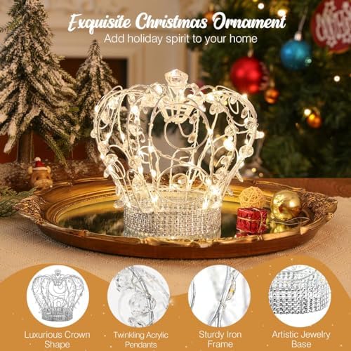 Lewondr Jeweled Crystal Crown Christmas Tree Topper with 50 Warm LED Lights - Image 2