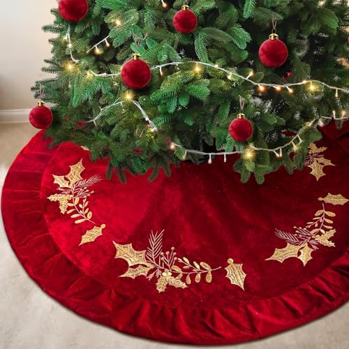 48 inches Velvet Christmas Tree Skirt Red Wine Gold Fur Plush Tree Skirt Luxury Xmas Skirts for Merry Christmas Party Vintage Holiday Decorations(Red with Gold Embroidered Holly) by Vertintong