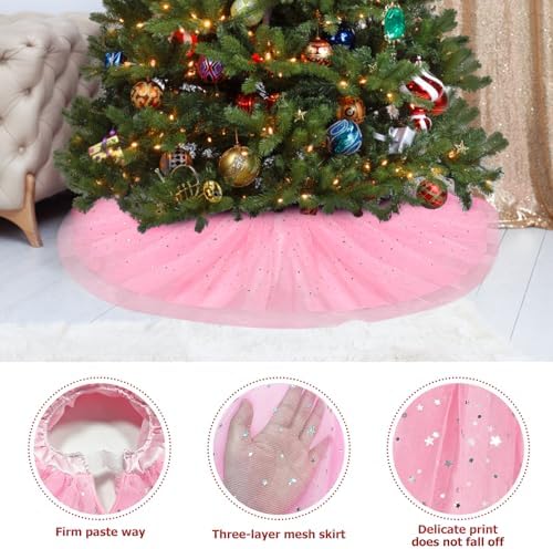FIABC Christmas Wedding Tree Skirt,45 inch 4-Layer Fluffy Romantic Pleated Sparkly Skirt Decoration Xmas Tree Ornament for Holiday and Party(Pink) - Image 3