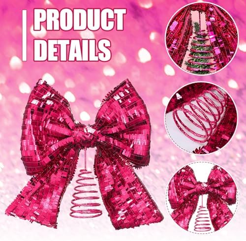 Demissle 10 x 12 Inch Sequin Hot Pink Bow Tree Topper Hot Pink Bow Glitter Christmas Tree Topper Christmas Holiday Decoration for Coquette Themed Xmas Home Decor - Image 4