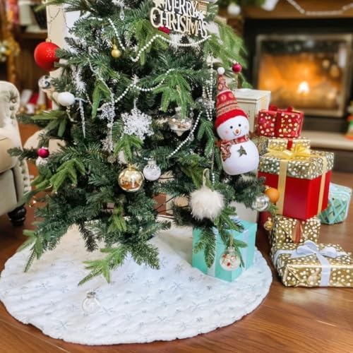 CHICHIC 48 Inch Large Christmas Tree Skirt White Tree Skirt Xmas Faux Fur Tree Skirts Christmas Decorations for Holiday Tree Ornaments Christmas Party Home Decorations with Sequin Silver Snowflakes - Image 6