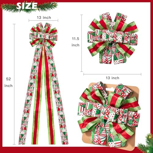 WRAPAHOLIC Large Christmas Tree Topper Bow - 13 x 52 Inch Red and Green Christmas Tree Topper Ribbon Bow Wreath Bows with Wired Edge for Xmas Ornament Indoor Outdoor Decoration - Image 2