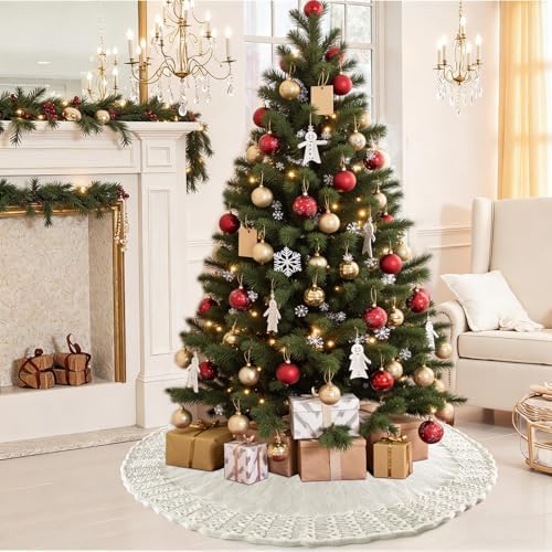 Christmas Tree Skirt 36 Inch Knitted Xmas Tree Skirt Cable Knit Tree Skirt Christmas Tree Decorations for Farmhouse Xmas Holiday Home Party (White, 36in) - Image 7