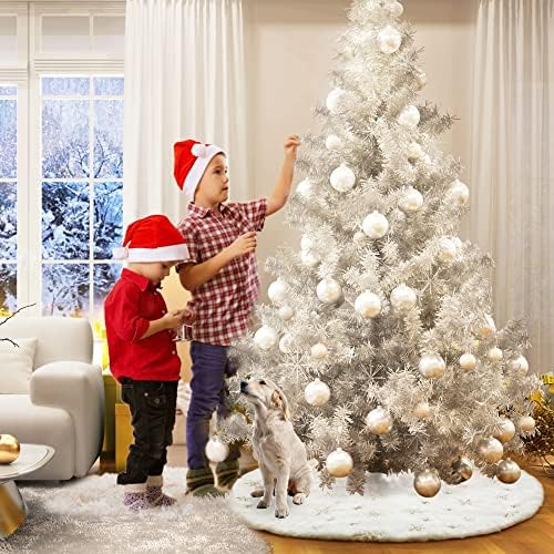 Christmas Tree Skirt 60 inch Large Snow White Soft Faux Fur Skirt with Golden Sequin Snow Flakes Xmas Holiday Home Party Decorations - Image 5