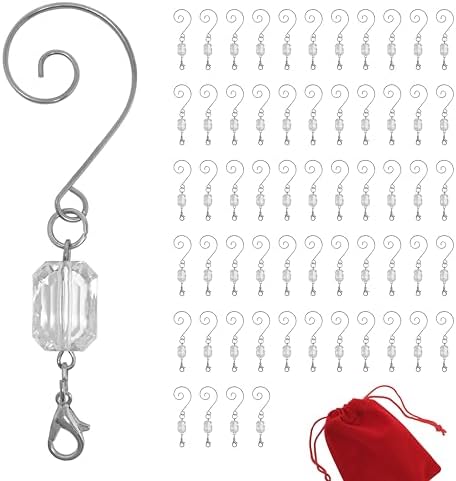 Christmas Ornament Hooks, Clear Acrylic Gem Bead Ornament Hangers with Silver Wire and Lobster Claws, Pack of 60 Decorative Christmas Tree Hooks, 3 Inch Assorted Ornament Hooks for Tree Decorating by BANBERRYDESIGNS
