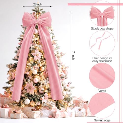 Knitgrip Extra Large Velvet Christmas Tree Topper Bow, Pink, 71 Inch - Image 2