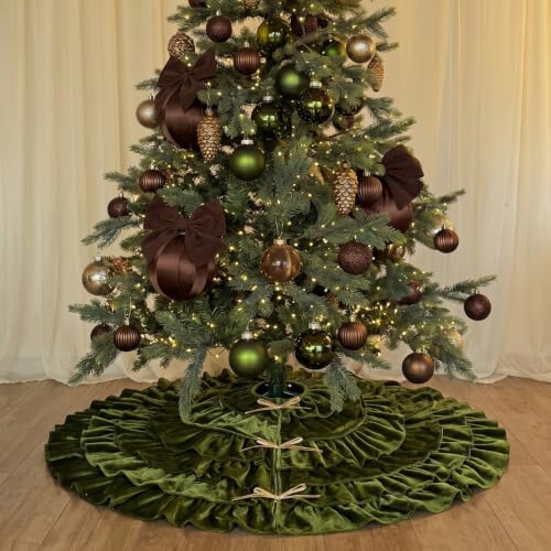 Velvet Christmas Tree Skirt, 48 Inches, 5-Tier Ruffle, Olive Green - Image 2