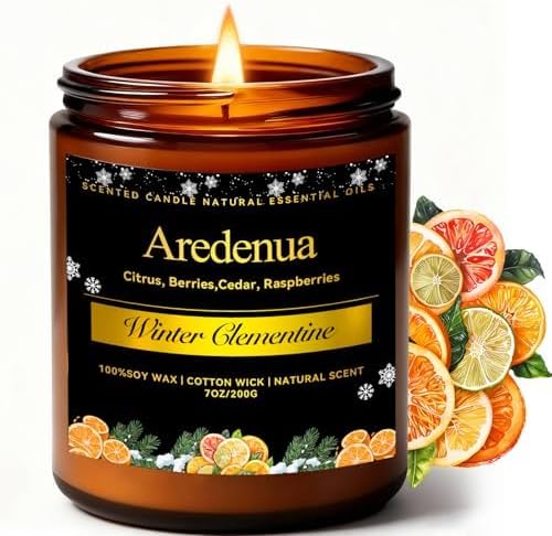 Winter Candles – Clementine Candle | Holiday Scented Candles - Citrus Soy Candle for Odor Eliminator | Winter Christmas Gift for Women Men 7oz Jar with 50H Clean Burn & Long Lasting