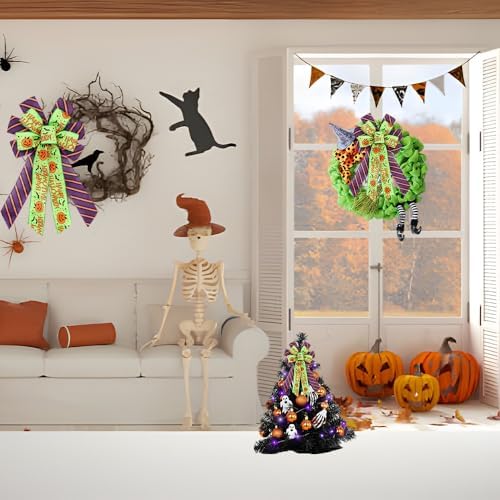 Large Halloween Pumpkin Tree Topper Bow, Green Purple Wreath Bow - Image 5