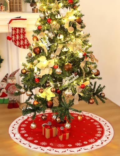 Multiwins Christmas Tree Skirt 48 inch, Large Snowflake Reindeer Red Xmas Tree Skirt, Thick Flannel Fabric, Best Christmas Decorations for Winter New Year - Image 6