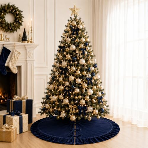 60 Inch Large Christmas Tree Skirt, Navy Blue Velvet with Ruffled Edge for Big Trees Decorations for Home Party Festival - Image 3
