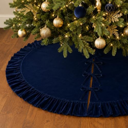 36 Inch Large Christmas Tree Skirt, Navy Blue Velvet with Ruffled Edge for Big Trees Decorations for Home Party Festival by Amidaky