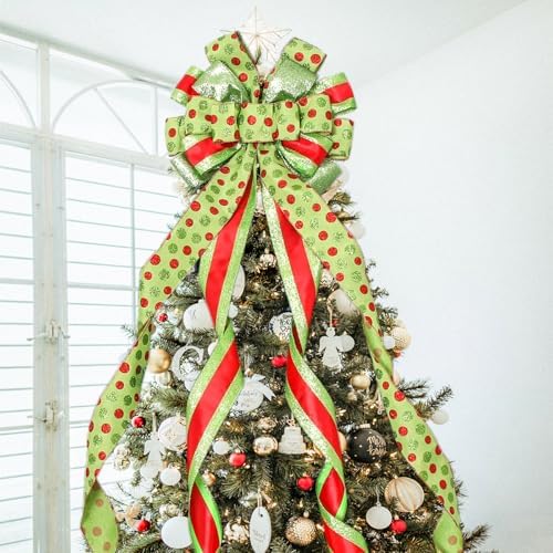 Christmas Tree Topper Wreath Bow Large Green Christmas Bow Tree Topper with Red Green Dot Patterned Gift Bows for Xmas Holiday Home Wedding Thanksgiving Indoor/Outdoor Decoration 52"x13" - Image 3