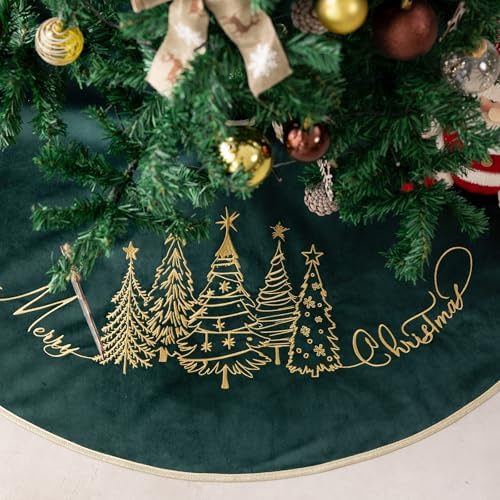 CROWNED BEAUTY 50 Inch Green Velvet Christmas Tree Skirt, Tree Embroidery by CrownedBeauty