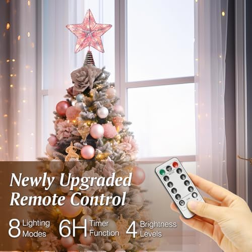 Lewondr Lighted Christmas Star Tree Topper with Remote & Timer, Pink - Image 3