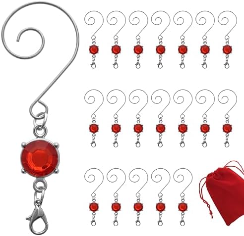 Christmas Ornament Hooks with Red Jeweled Gems, Set of 20 Decorative Silver Swirl S-Hooks with Lobster Claw Clasps, 3 Inch Hanging Hooks for Christmas Tree Ornaments, Holiday Decorations by BANBERRYDESIGNS