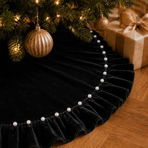 Black Velvet Christmas Tree Skirt 60 Inch – Pearl Beaded Ruffle Trim Xmas Tree Skirt with Bows, Festive Christmas Tree Base Cover for Holiday Party Home Decorations - 150cm by AtiMing