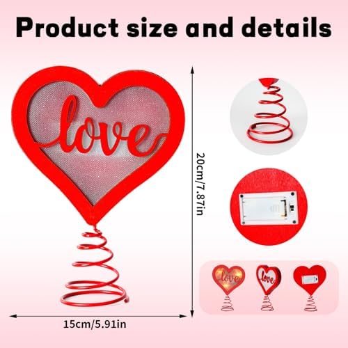 Fangoo 7.8 x 6 Inches Red Wooden Heart Tree Topper for Valentine's Day Decoration with Led Light Romantic Wooden Love Tree Toppers Ornaments for Party Decoration Wedding Home Decor Couple Gifts - Image 2