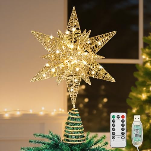 Lewondr Christmas Star Tree Topper, 14.6" Lighted Glitter 3D Star Treetop by Lewondr