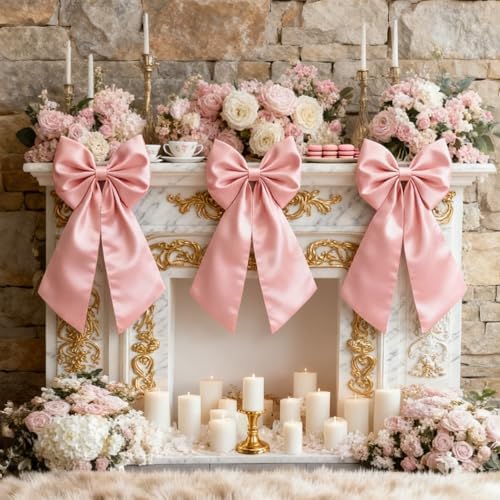 Big Pink Bow Coquette Room Decor, 23x11 Inch Satin Bows Large Pastel Pink Bows Birthday Decorations as Crib Skirt for Christmas Tree Topper Girl Room Xmas Gift Wrapping Bachelorette Baby Shower (3pcs) by Froova