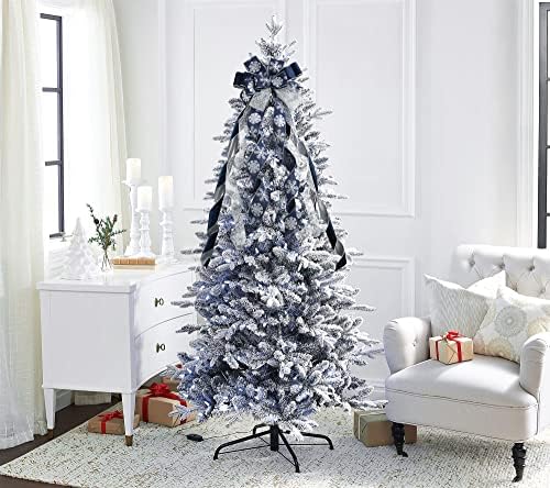 MEEDEE Navy Blue Tree Topper Navy Blue Christmas Tree Topper Bow 12 inch Wide Navy Blue Silver Glitter Yule Tree Wreath Bow Christmas Decorations Silver Snowflake Garland Bow Holiday Lantern (1 Pack) - Image 6