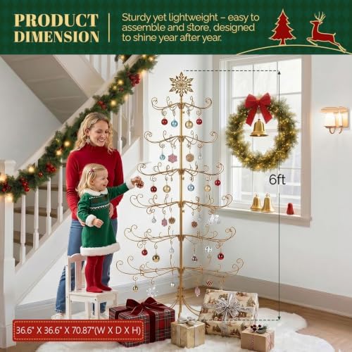 VINGLI 6ft Metal Christmas Ornament Tree Stand, Decorative Iron Display Tree w/ 192 Branches, Snowflake Topper, Ornament Display for Hanging Balls, Wrought Iron Xmas Tree Holiday Decorations, Gold - Image 4